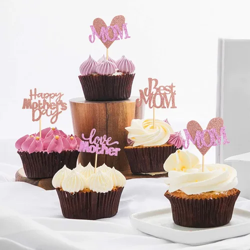 Vista 8 de Ercaido - Paquete de 48 adornos para cupcakes para el Día de la Madre con purpurina de oro rosa con purpurina para el Día de la Madre para la mejor