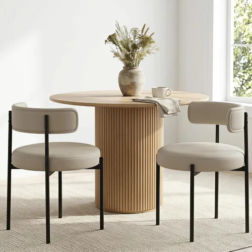Vista 24 de Juego de 2 sillas de comedor Boucle, sillas de comedor beige con asiento tapizado y respaldo redondo, sillas de cocina modernas de mediados de siglo