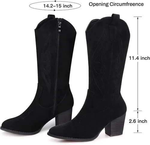 Vista 4 de SHIBEVER Botas vaqueras para mujer 2025 botas vaqueras a media pantorrilla con bordado occidental de tacón alto y punta puntiaguda