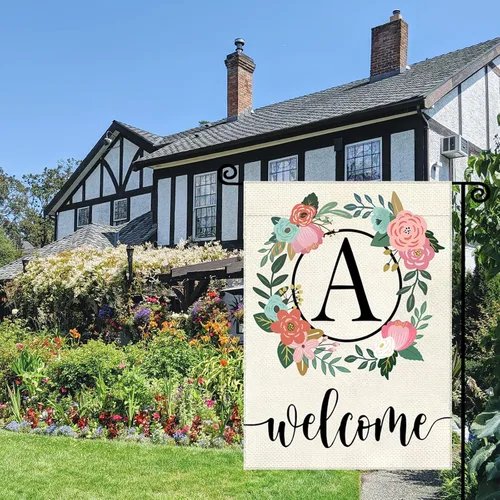 Vista 7 de Bandera de jardín con letra monograma, floral, 12 x 18 pulgadas, doble cara para exterior, pequeña de arpillera, familia, apellido, bandera inicial