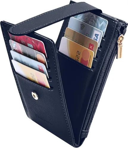 Vista 6 de Chelmon Billetera de mujer delgada con bloqueo RFID plegable multitarjetas con bolsillo con cremallera, Azul marino, Talla única, Minimalista
