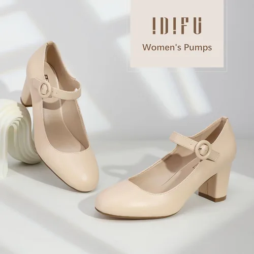 Vista 5 de IDIFU - Vestido de caramelo para mujer, zapatos Mary Jane, tacones de bloque bajo, punta redonda cerrada, oficina, trabajo, iglesia, boda, zapatos