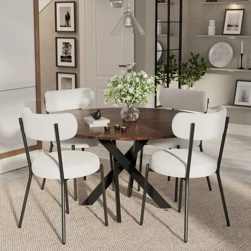Vista 27 de Moderno juego de mesa de comedor redonda de 3 piezas, mesa de MDF circular negra y 2 sillas de comedor negras Boucle, muebles de cocina con marco