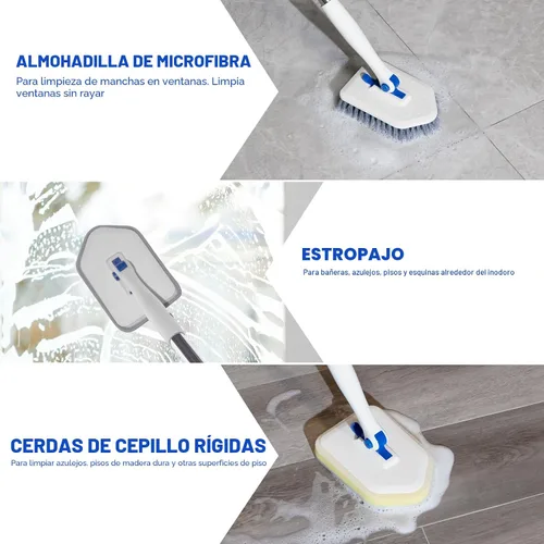 Vista 4 de Cepillo de limpieza para azulejos y tina con mango largo ajustable de 52 pulgadas, cepillo de ducha giratorio 3 en 1 para limpieza, 3 cabezales