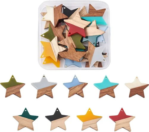 Vista 15 de Beadthoven - Abalorios de madera de resina, aretes de bricolaje para hacer dijes, colgantes de madera de resina geométrica, piezas bohemias