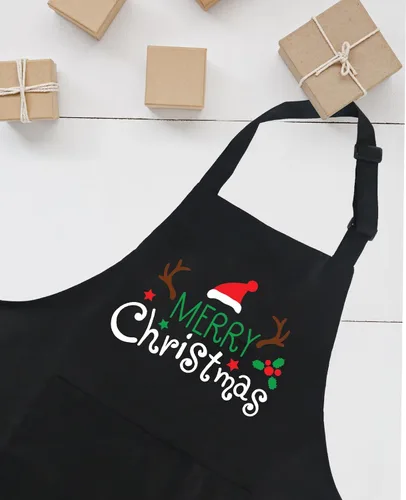Vista 4 de Divertido delantal de Navidad para mujeres y hombres con 2 bolsillos, delantales de cocina de Navidad, regalo para panaderos, mamá, papá, esposa