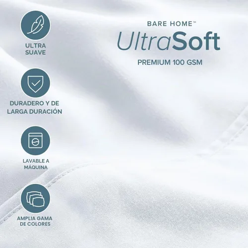 Vista 3 de Bare Home Juego de sábanas 1800 ultra suaves con 2 fundas de almohada 01-Blanco