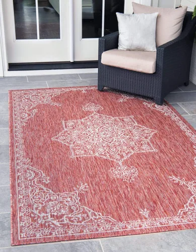 Vista 21 de Unique Loom Alfombra de la colección tradicional para exteriores, antigua (4 pies 1 pulgada, redonda, verde azulado/gris)