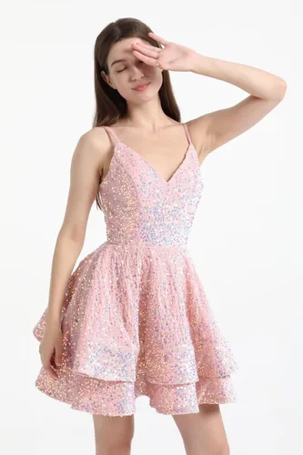Vista 3 de Vestidos de fiesta de lentejuelas para adolescentes, vestido corto de graduación 2024 con cuello en V brillante, vestido formal de fiesta de cóctel