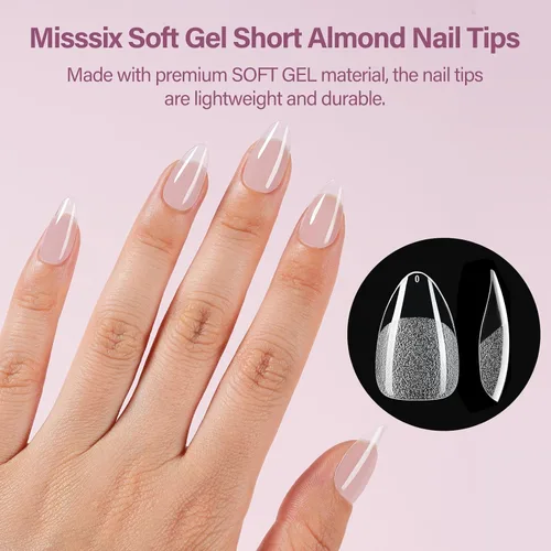 Vista 6 de Misssix Kit de puntas de uñas de gel cortas en forma de almendra, 216 piezas de uñas postizas transparentes pregrabadas, uñas postizas de cobertura
