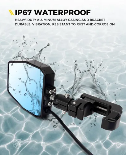 Vista 5 de Xprite UTV Espejos Laterales de Aluminio con Focos LED Lente Transparente Compatible con Barra de Jaula Antivuelco de 1.75"-2" para Pioneer Polaris