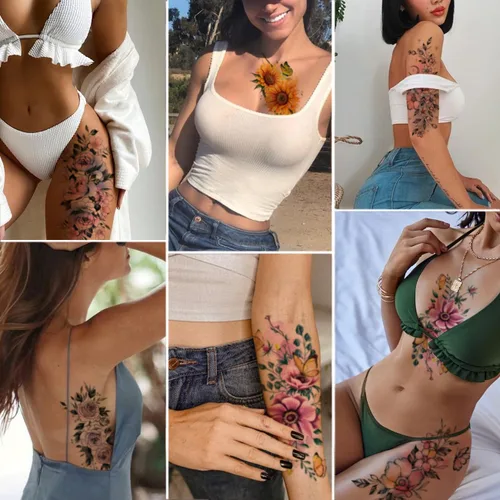 Vista 5 de CHARLENT Tatuajes temporales de flores de acuarela para mujeres y niñas, 10 hojas grandes, tatuajes falsos florales sexys para mujeres, arte