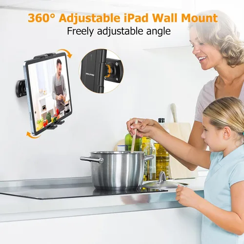 Vista 4 de OHLPRO Soporte de pared para tableta, giratorio de 360°, ajustable, universal, soporte para iPad, para cocina, oficina, almacén, hogar, compatible