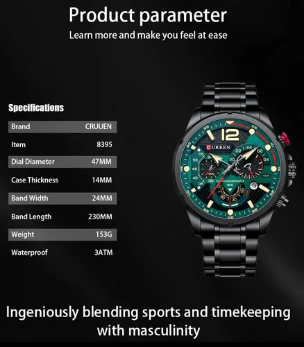 Vista 7 de Reloj para hombre cronógrafo moda militar multifunción impermeable cuarzo reloj de acero inoxidable azul