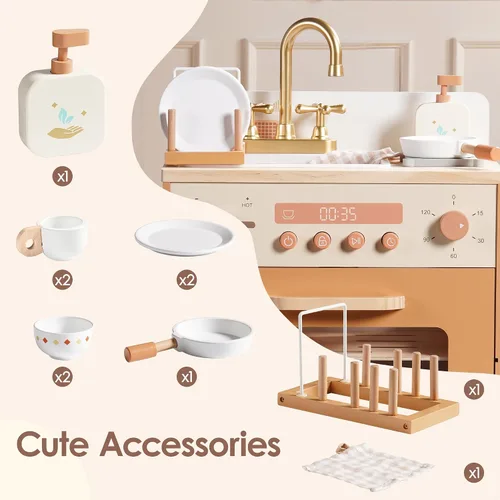 Vista 5 de ROBOTIME Fregadero Lavavajillas de Juguete de Madera – Juguete de Cocina de Imitación Color Caramelo con Grifo Dorado, Perillas Giratorias, Estante