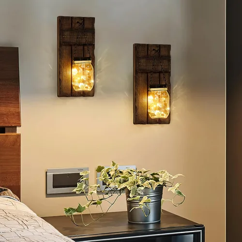 Vista 4 de Juego de 2 candelabros de pared, portavelas rústico para decoración del hogar, portavelas de madera montados en casa de campo con luces