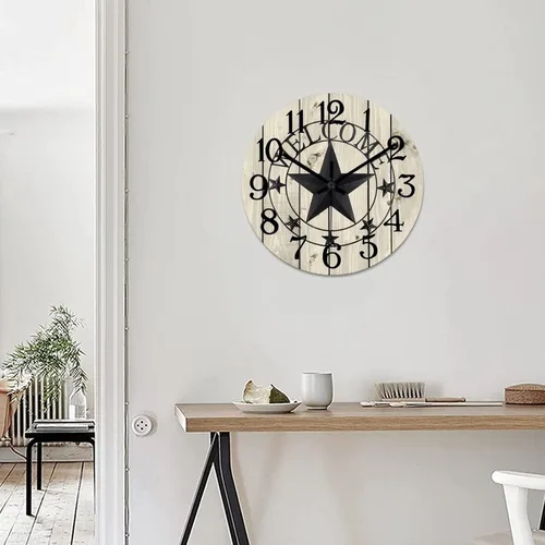 Vista 5 de Reloj de pared decorativo de 10 pulgadas con estrella del oeste de Texas, reloj de madera rústico, silencioso, sin tictac, funciona con pilas, reloj
