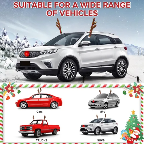 Vista 5 de Encantador adorno navideño para coche de Angooni, kit festivo de reno para coche, cuernos de reno y nariz, luces navideñas, bonito regalo