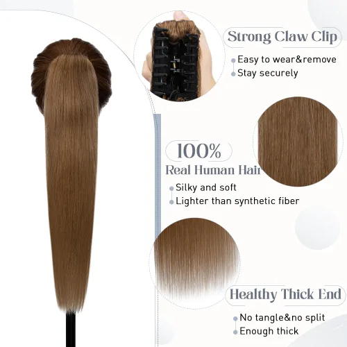 Vista 52 de Rich Choices Extensión de cola de caballo con clip de garra, cabello humano real, una pieza, extensiones de cabello largo Remy para mujer, #18P613