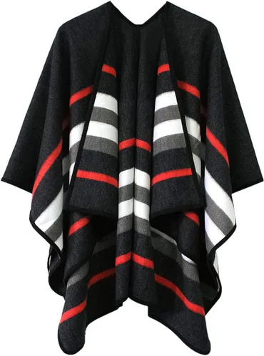 Vista 8 de Chal estilo poncho de frente abierta con patrón vintage para mujer, abrigo de invierno Serie 15-negro