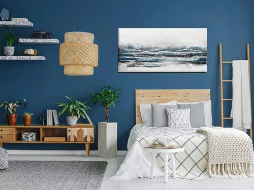 Vista 4 de Waowumar Lienzo abstracto azul y gris para pared, pintura azul neblina, cuadros texturizados azul marino y plateado para dormitorio, ilustraciones