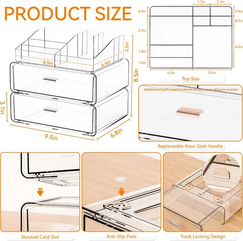 Vista 3 de Yieach Organizadores de maquillaje de 3 niveles en acrílico transparente con 2 cajones, soporte de maquillaje tiered de escritorio y organizadores