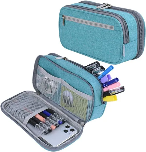 Vista 9 de Estuche para lápices de gran capacidad, bolsa grande de almacenamiento para lápices, bolsa con 3 compartimentos multifuncionales, estuches para Negro