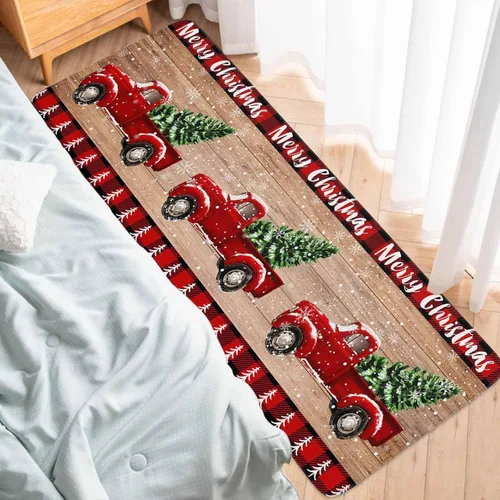 Vista 6 de Juego de 2 alfombras de cocina con camión rojo, árbol de Navidad rojo sobre tablero de madera retro, antideslizante, cómodo, tapete de pie