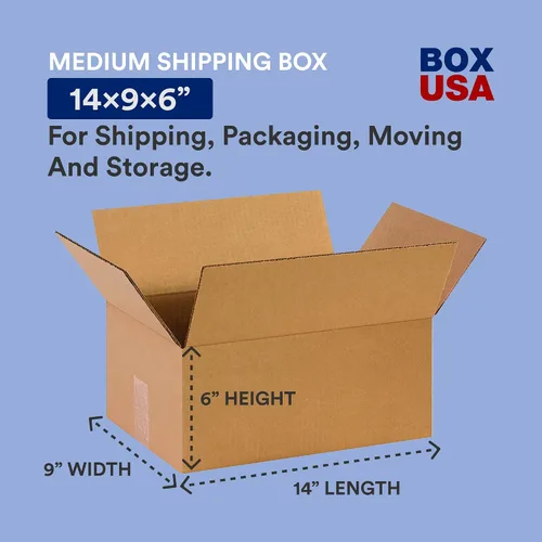 Vista 3 de BOX USA Cajas de cartón corrugado de 14 x 9 x 6 pulgadas, tamaño mediano de 14 pulgadas de largo x 9 pulgadas de ancho x 6 pulgadas de alto, paquete