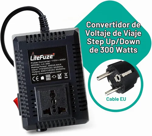 Vista 2 de LiteFuze, convertor de voltaje alto/bajo para viaje. cable EU