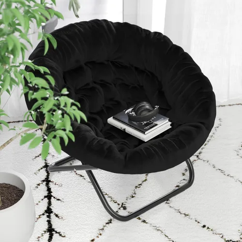 Vista 6 de BizChair Silla plegable de gran tamaño, silla de luna de piel sintética negra, marco de metal negro, silla plegable portátil de 38 pulgadas