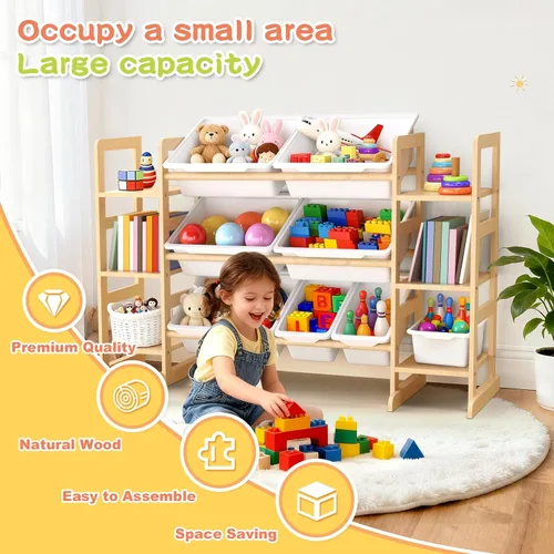 Vista 6 de Fuilee Organizador de almacenamiento de juguetes de madera para niños, organizador de juguetes de varios niveles con contenedores y estantes