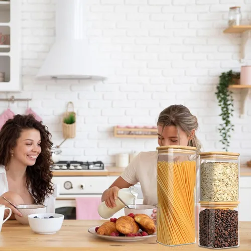 Vista 3 de Envases de almacenamiento de vidrio con tapas, tarro de almacenamiento de alimentos transparente con tapa de bambú sellada para fideos, harina