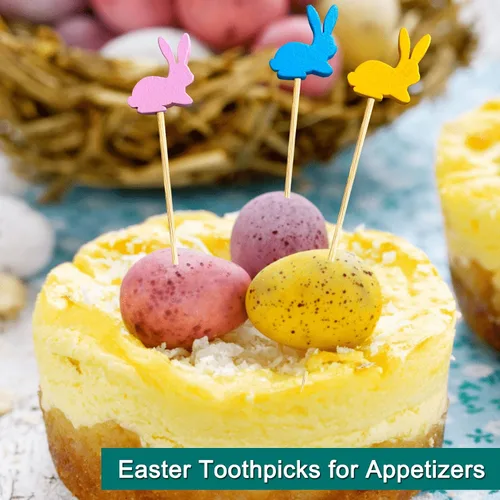 Vista 6 de Púas de cóctel de Pascua, 100 palillos de dientes de conejo de Pascua para aperitivos, palitos de bambú de conejo de Pascua de 4.7 pulgadas
