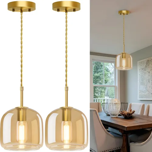 Vista 9 de Luces Colgantes de Isla de Cocina - Luz Colgante Dorada, Luces Colgantes de Latón Estilo Granja con Pantalla de Vidrio Ámbar, Luz Colgante Ajustable