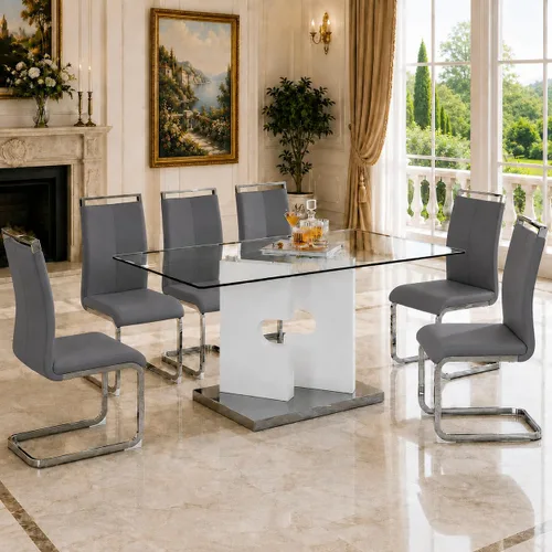 Vista 18 de Ebullient Juego de mesa de comedor de cristal de 63 pulgadas para 6, mesa de comedor de vidrio negro y base de MDF, mesa de cocina rectangular Mesa