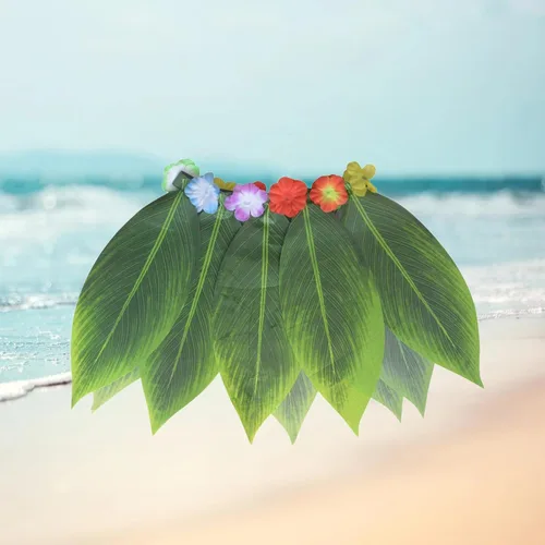 Vista 7 de Faldas de hierba hawaiana verde, falda de hojas de playa para niños y niñas, disfraz hawaiano para baile, disfraz de fiesta de Halloween
