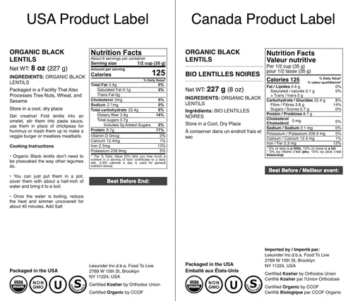 Vista 3 de Food to Live Lentejas negras orgánicas, 8 onzas, sin OMG, legumbres secas enteras, crudas, germinables, kosher, veganas, legumbres a granel, negro