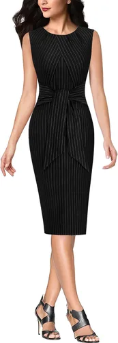 Vista 2 de VFSHOW Vestido de tubo plisado con cuello redondo para mujer, sin mangas, lazo en la cintura, cinturón, ajustado, para el trabajo, la oficina