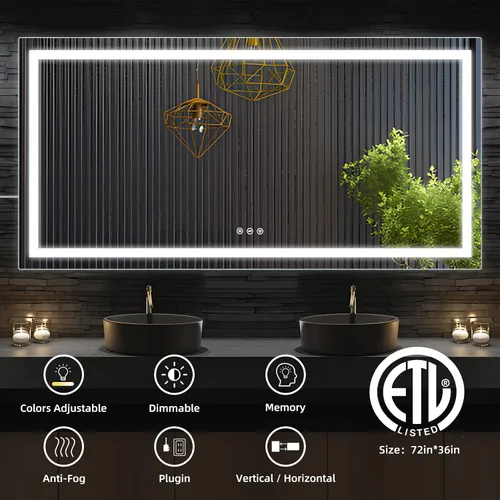 Vista 6 de Espejo de baño LED de 72 x 36 pulgadas con luces, antiniebla, regulable, retroiluminado + iluminado frontal, espejo de tocador de baño iluminado