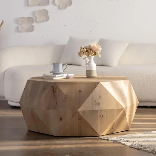 Vista 20 de Mesa de centro redonda de 31.3 pulgadas, mesa de centro moderna para sala de estar, estilo escultórico minimalista contemporáneo de granja, grano