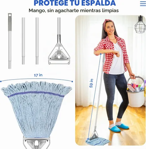 Vista 2 de Trapeador de Cuerda Resistente para Limpieza de Pisos - Trapeador Húmedo Industrial Comercial con Mango de 59 Pulgadas para Limpieza de Hogar