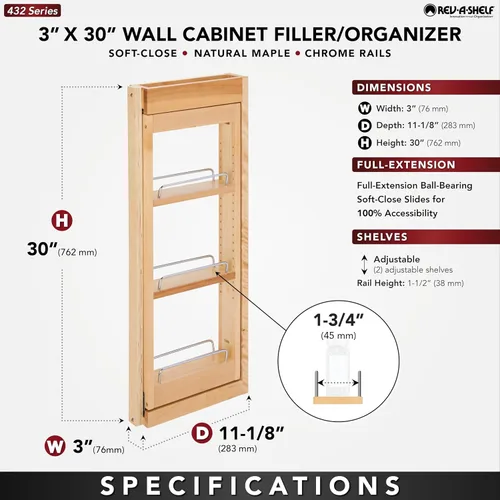 Vista 3 de Rev-A-Shelf Organizador de pared extraíble para armario de cocina, organizador de despensa deslizante con cierre suave en varios tamaños, madera