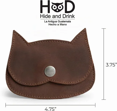 Vista 4 de Hide & Drink, billetera con forma de gato, bolsa para monedas, portamonedas, accesorio de viaje, piel de grano completo, hecha a mano, Bourbon