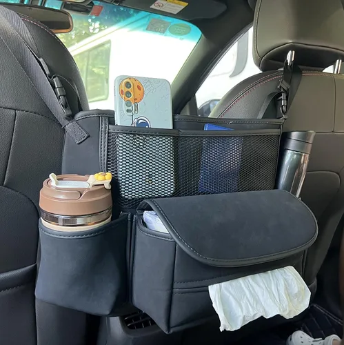 Vista 5 de JEYODA Organizador de asiento de ante para automóvil, bolsa de respaldo de asiento de alta capacidad, almacenamiento central para camionetas, SUV