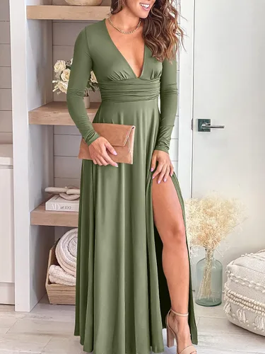 Vista 2 de ANRABESS - Vestido largo de manga corta con cuello en V profundo para mujer, plisado, cintura alta, abertura lateral, para club, fiesta y noche