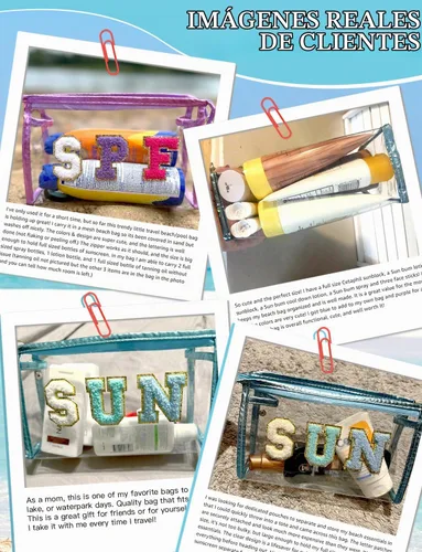 Vista 4 de COSHAYSOO Bolsa de Maquillaje Transparente con Protección Solar, Bolsa de Protector Solar con Parches de Letras, Accesorios Esenciales de Playa