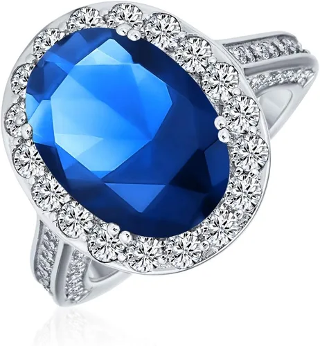 Vista 24 de Anillo de compromiso de plata de ley 925 personalizable con halo de corona ovalada de 5 a 7 quilates con circonita cúbica simulada de zafiro azul
