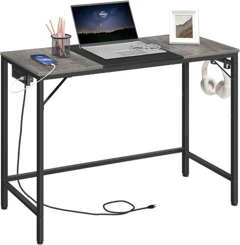 Vista 11 de HOOBRO BB40UDN01 - Escritorio pequeño de 31.5 pulgadas con toma de corriente, mesa de escritura con puertos de carga USB y 3 ganchos para oficina