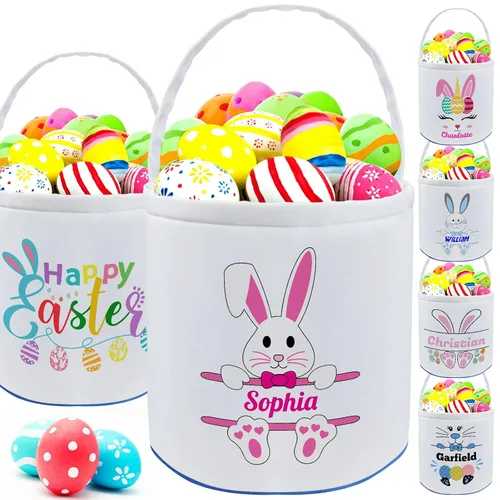 Vista 13 de Cesta de Pascua personalizada con nombre para niñas, niños y niños, cesta de Pascua personalizada bolsas de regalo para caza de huevos de Pascua